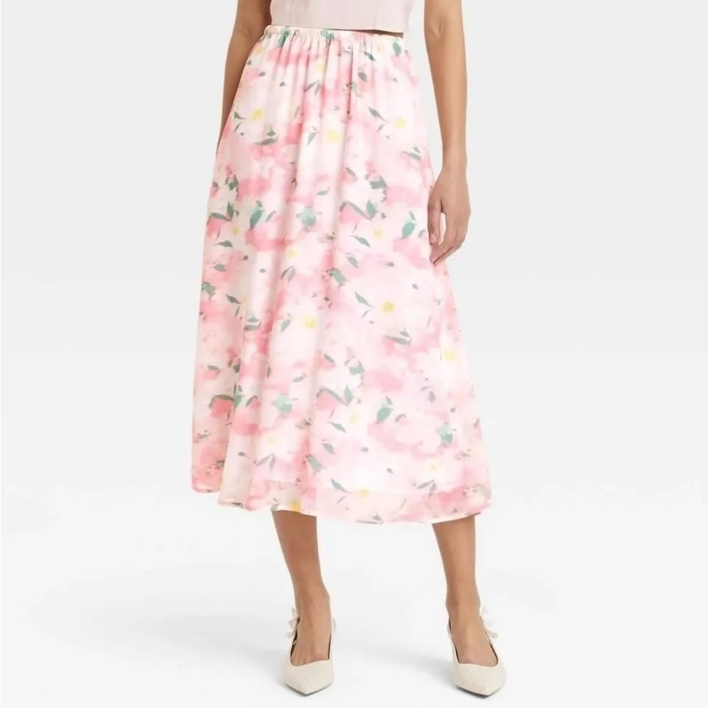 Women's Sheer Maxi A-Line Pink Floral High Rise Elastic Waist Skirt Size Large